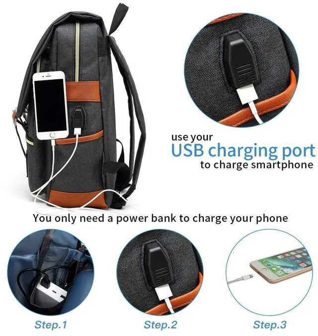 Alt view image 3 of 5 - Mancio Vintage Laptop Backpack with USB Charging Port, Slim Tear Resistant Business Backpack for Travelling, College, Daypacks for Men,Women, Fits up to 15.6Inch Notebook in Black