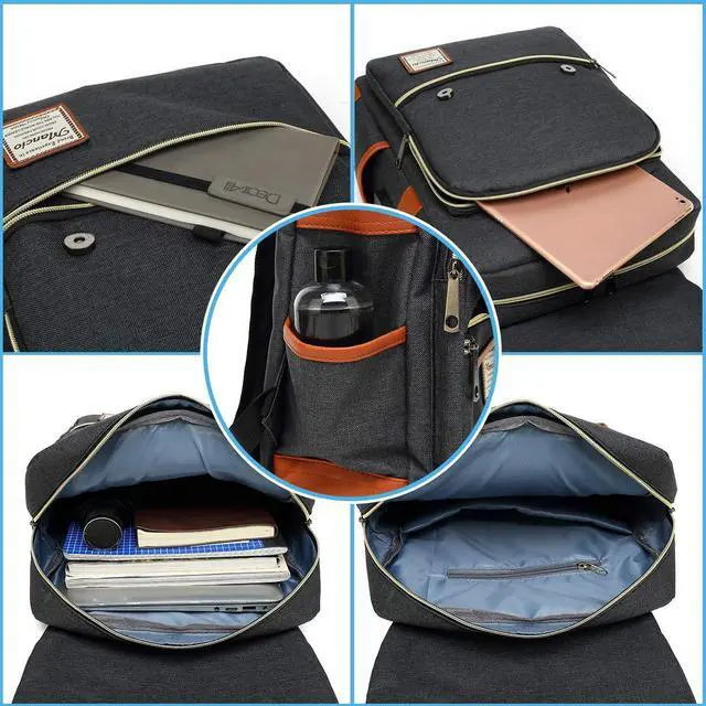 Alt view image 4 of 5 - Mancio Vintage Laptop Backpack with USB Charging Port, Slim Tear Resistant Business Backpack for Travelling, College, Daypacks for Men,Women, Fits up to 15.6Inch Notebook in Black