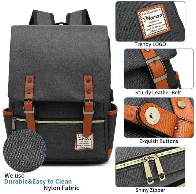 Alt view image 5 of 5 - Mancio Vintage Laptop Backpack with USB Charging Port, Slim Tear Resistant Business Backpack for Travelling, College, Daypacks for Men,Women, Fits up to 15.6Inch Notebook in Black