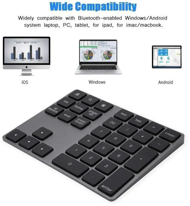 Alt view image 3 of 5 - Numeric Keypad, Rechargeable Aluminum Alloy 34 Keys Mini Bluetooth Numpad, Slim External Numpad Keyboard Data Entry Support Windows, iOS, Android System