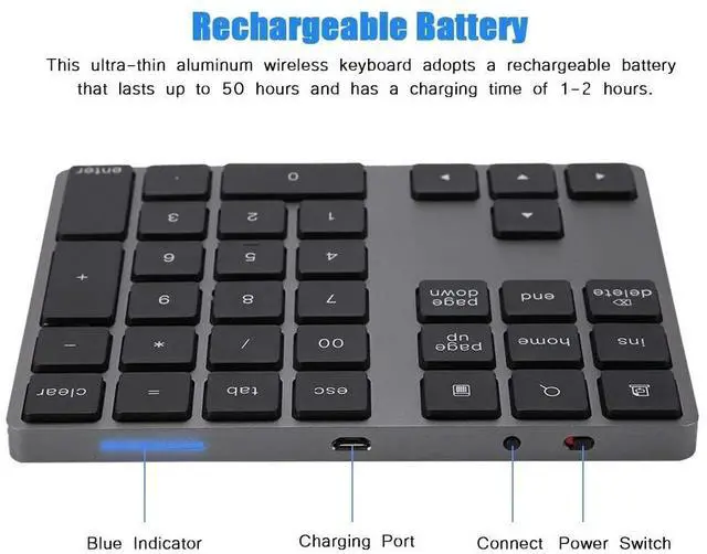 Alt view image 5 of 5 - Numeric Keypad, Rechargeable Aluminum Alloy 34 Keys Mini Bluetooth Numpad, Slim External Numpad Keyboard Data Entry Support Windows, iOS, Android System