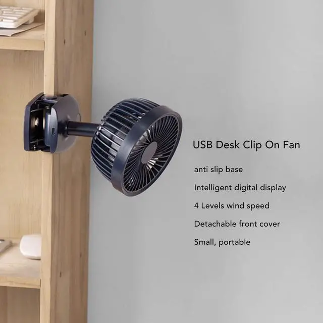 Alt view image 2 of 5 - WOOXGEHM Clip On Fan, USB Desk Fan, Intelligent Digital Display, 4 Levels Wind Speed USB Desk Clip On Fan with Anti Slip Base, 3 Blades Portable Small Clip On Fan(Gemstone Blue)