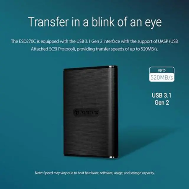 Alt view image 4 of 5 - Transcend 1TB ESD270C, External Solild State Drive, Portable SSD, One Touch to Back up, One-Time Password to Unlock, Type-A and Type-C Cables Included - TS1TESD270C