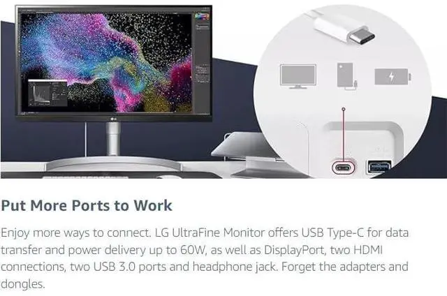 Alt view image 3 of 5 - LG Ultrafine 27-Inch 4K UHD IPS Monitor with HDR10 with VESA DisplayHDR 400, AMD FreeSync, andUSB Type-C 90W PD, Built-in Speaker, HDMI, DisplayPort, Tilt/Height/Pivot Adjustable Stand, White