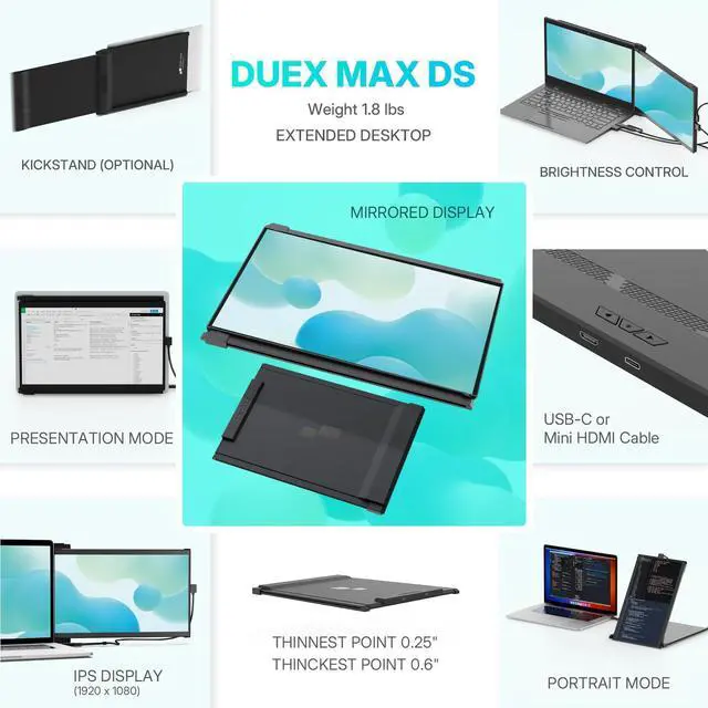 Alt view image 2 of 5 - Portable Monitor - [2025 Upgrade] Mobile Pixels Duex Max DS 14.1'' Laptop Screen Extender, USB C/HDMI Plug and Play, 1080P Monitor for 14''-17 '' Laptops, Compatible with Mac/Windows/Android/Switch