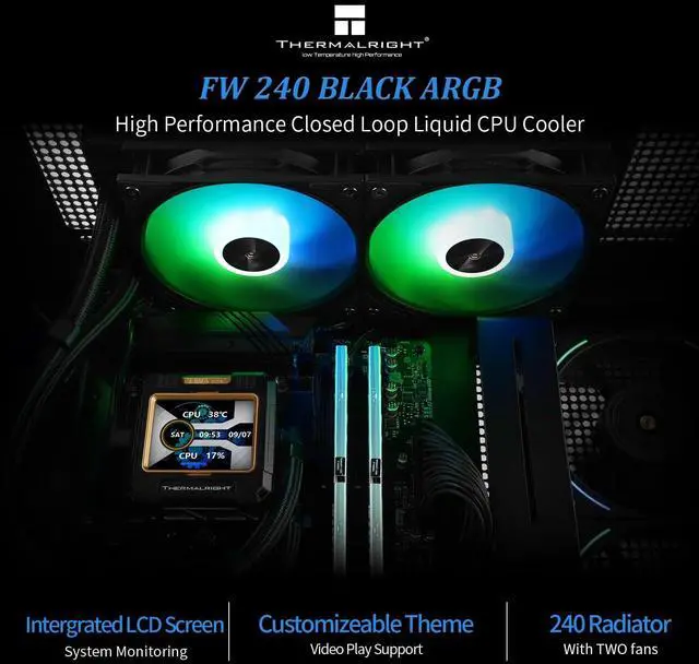 Alt view image 2 of 5 - Thermalright FW 240 Black ARGB V2 CPU Water Cooler with 2 PWM Fans with 2000RPM,IPS LCD Screen with 320 * 240 Resolution,Liquid CPU Cooler,CPU PC Aio Cooler for AMD:AM4/AM5/Intel LGA1700