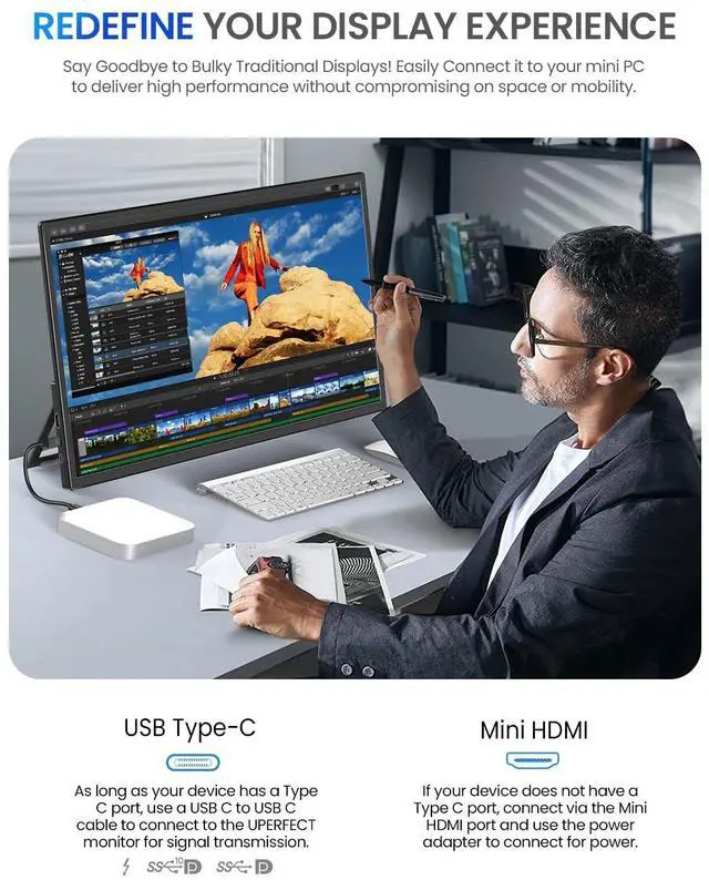 Alt view image 4 of 5 - UPERFECT 21.5 120HZ Portable Monitor w/Kickstand & VESA, Large Portable Gaming Monitor with HDMI Type C, External Dispaly for Laptops, Steamdeck, MacBook, Phones, Mini PC