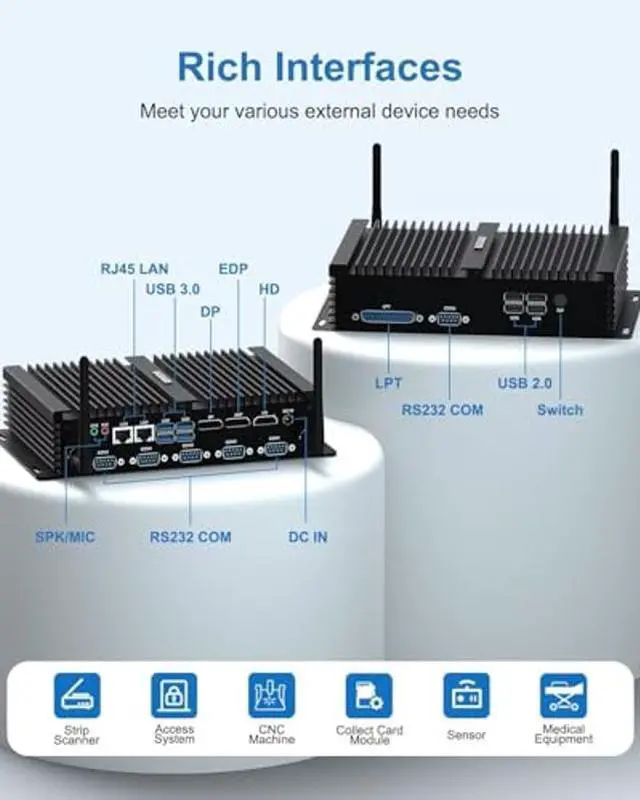 Alt view image 2 of 5 - BASOARO Industrial Mini PC, Mini Desktop PC Win 11 Pro, Fanless PC i7 8550U, 32GB DDR4 RAM 512GB SSD, 2 RJ45 LAN, DP EDP HD Triple Displays, 6 RS232 COM, Dual Band WiFi, BT