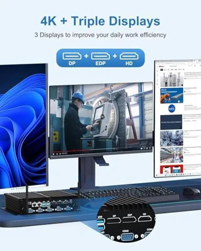 Alt view image 4 of 5 - BASOARO Industrial Mini PC, Mini Desktop PC Win 11 Pro, Fanless PC i7 8550U, 32GB DDR4 RAM 512GB SSD, 2 RJ45 LAN, DP EDP HD Triple Displays, 6 RS232 COM, Dual Band WiFi, BT