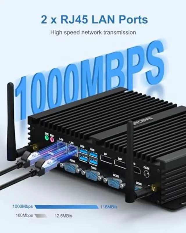Alt view image 5 of 5 - BASOARO Industrial Mini PC, Mini Desktop PC Win 11 Pro, Fanless PC i7 8550U, 32GB DDR4 RAM 512GB SSD, 2 RJ45 LAN, DP EDP HD Triple Displays, 6 RS232 COM, Dual Band WiFi, BT