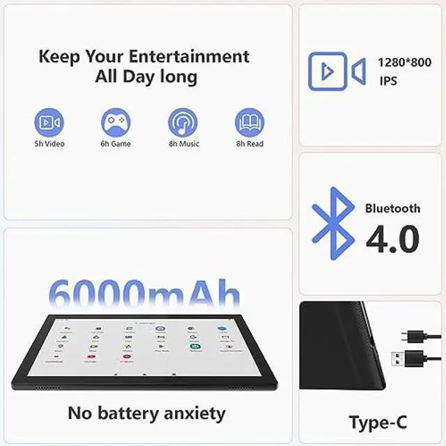 Alt view image 3 of 5 - Android Tablet with Keyboard 10 inch 2 in 1 Tablets incldue Case Mouse Stylus, 3GB RAM 64GB ROM 1024GB Expand Quad-Core Tablet PC, 6000mAh Battery, 8MP Camera, 1280x800 FHD, WiFi, Google Certified