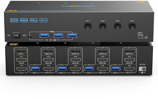 Main image of KVM Switch 3 Monitors 4 Computers 4K@60Hz, 2 HDMI and Displayport KVM Switch Triple Monitor for 4 Computer Share 3 Monitor and 4 USB3.0 Port,EDID Simulation,Wired Remote and 4 USB Cables Included