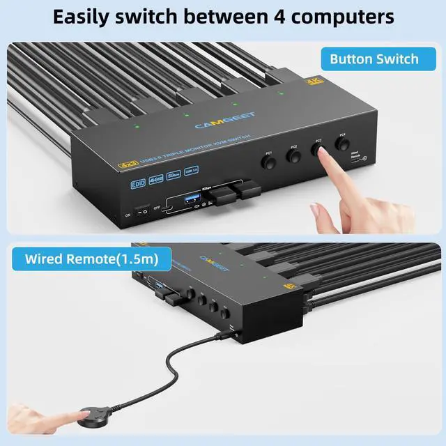 Alt view image 5 of 5 - KVM Switch 3 Monitors 4 Computers 4K@60Hz, 2 HDMI and Displayport KVM Switch Triple Monitor for 4 Computer Share 3 Monitor and 4 USB3.0 Port,EDID Simulation,Wired Remote and 4 USB Cables Included