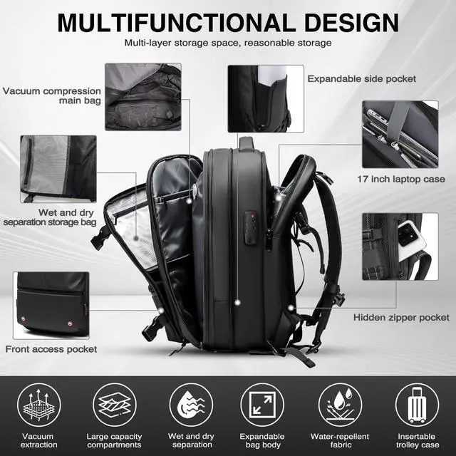 Alt view image 3 of 5 - Vacuum Backpack Travel, Airback Vacuum Compression Travel Backpack with Pump, Water Resistant & TSA Anti Theft, Ideal for Travel/Camping/Laptop (With Electric Air Pump & Black)