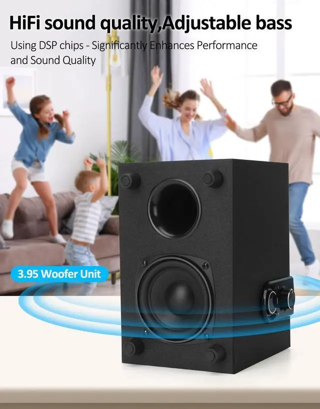 Alt view image 4 of 5 - 40W AC Powered Computer Speakers with Subwoofer, 2.1 Wooden PC Speaker with Subwoofer,4'' Woofer-Dual 3.5'' Satellites Speakers Woofer,Strong Bass,DSP Speakers with 3.5mm Inputs for PC/Laptop