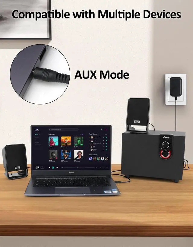 Alt view image 5 of 5 - 40W AC Powered Computer Speakers with Subwoofer, 2.1 Wooden PC Speaker with Subwoofer,4'' Woofer-Dual 3.5'' Satellites Speakers Woofer,Strong Bass,DSP Speakers with 3.5mm Inputs for PC/Laptop