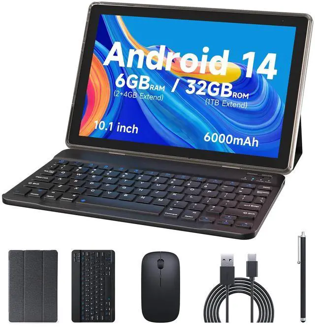 Main image of 10 inch Android 14 Tablet, 6GB RAM 32GB ROM Powerful Quad-core CPU, 1280*800 Resolution Screen Tablet PC, 8MP Camera, 6000mAh Battery Computer, 2 in 1 Tablets with Keyboard, Case, Mouse, Stylus Laptop