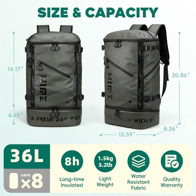 Alt view image 3 of 5 - HIMZ WARRIOR Waterproof Camping Backpack with Lunch Compartment, Mens Backpack Insulated for Work, 17 inch Laptop Bag, Carry On Backpacks for Airplane Beach Travel, Green