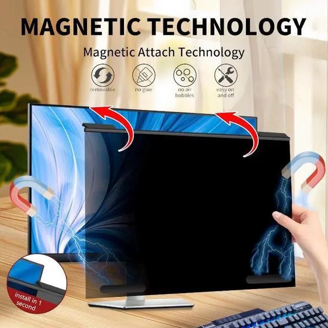 Alt view image 3 of 5 - Hoktods Magnetic Computer Privacy Screen Filter 27 Inch, Removable Hanging Aluminum Alloy Privacy Shield for 16:9 Widescreen Monitor, Anti Spy Anti Scratch Anti Glare Blue Light Screen Protector