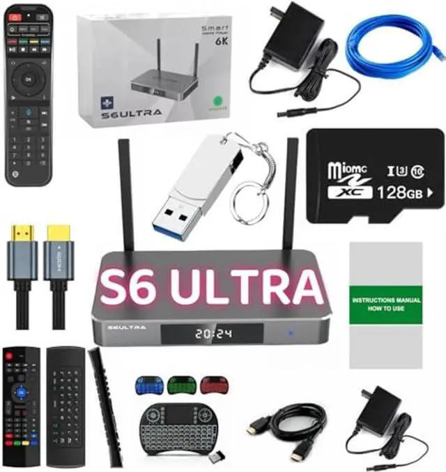 Main image of 2025 Version S6 Ultra 4GB RAM 128GB ROM 6K Ultra HD Built-in Voice Control 2*HDMI Cable,2* Power Supply,1* Voice Remote Control,1 * 128 TF Card, 1 * 128 USB Flash Driver ect