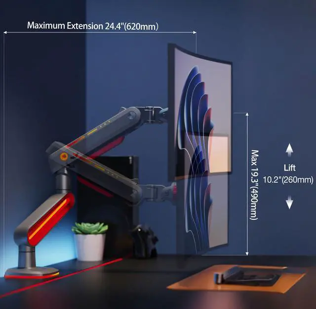 Alt view image 3 of 5 - NB ERGONOMIC Gaming Monitor-arm for Flat/Ultrawide/Curved Monitors 32 to 60 inch, Heavy Duty Stand Load up to 20 kg, VESA 75/100 mm Monitor-Mount L60