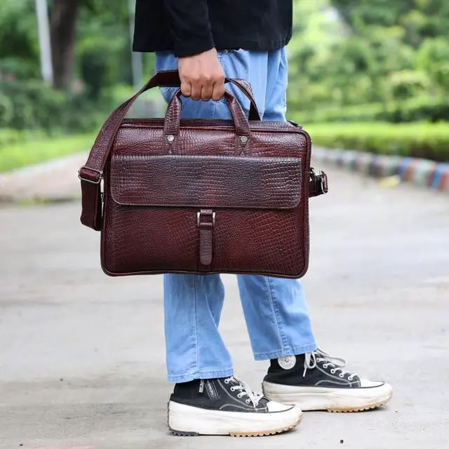 Alt view image 2 of 5 - Leder Luxus Crocodile Embossed Leather Briefcases for Men, Laptop Briefcase For Men, Leather Bag, Satchel Shoulder Bag, 5 Zipper Pockets with Spacious Compartments.,12 x 16 x 4 inches (Classic Brown)