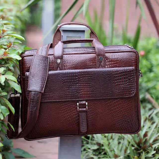 Alt view image 3 of 5 - Leder Luxus Crocodile Embossed Leather Briefcases for Men, Laptop Briefcase For Men, Leather Bag, Satchel Shoulder Bag, 5 Zipper Pockets with Spacious Compartments.,12 x 16 x 4 inches (Classic Brown)