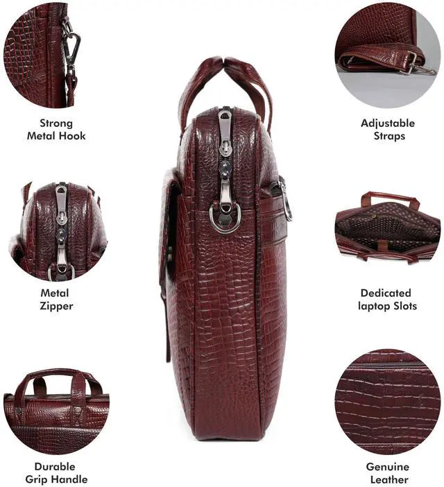 Alt view image 4 of 5 - Leder Luxus Crocodile Embossed Leather Briefcases for Men, Laptop Briefcase For Men, Leather Bag, Satchel Shoulder Bag, 5 Zipper Pockets with Spacious Compartments.,12 x 16 x 4 inches (Classic Brown)