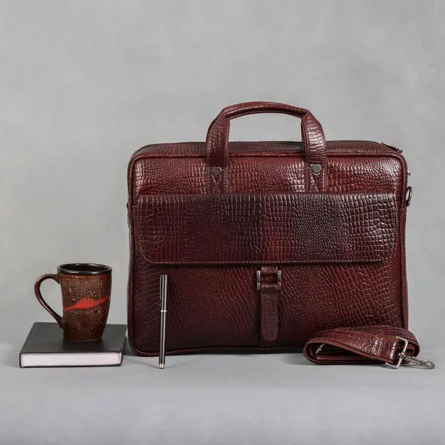 Alt view image 5 of 5 - Leder Luxus Crocodile Embossed Leather Briefcases for Men, Laptop Briefcase For Men, Leather Bag, Satchel Shoulder Bag, 5 Zipper Pockets with Spacious Compartments.,12 x 16 x 4 inches (Classic Brown)