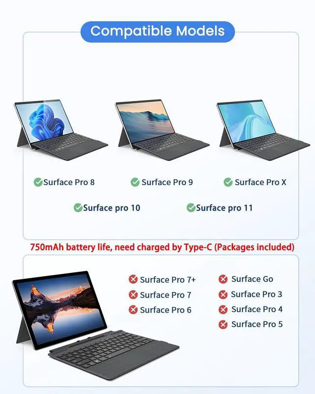 Wireless Bluetooth Keyboard For Surface Pro 8/9/10/11/X - Backlit With Pen Holder & Touchpad (7 Colors, Magnetic Attachment)