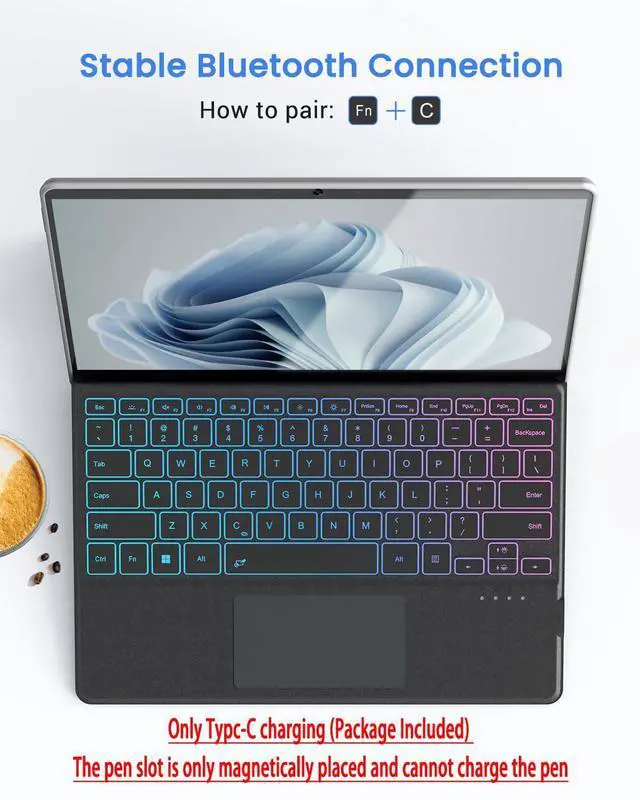 Alt view image 5 of 5 - Surface Pro Keyboard, Wireless Type Cover for Microsoft Surface Pro 11/10/9/8/X, Ultra-Slim Bluetooth Portable Magnetic Keyboard with 7 Color Backlit, Pen Holder, Rechargeable Battery, Trackpad