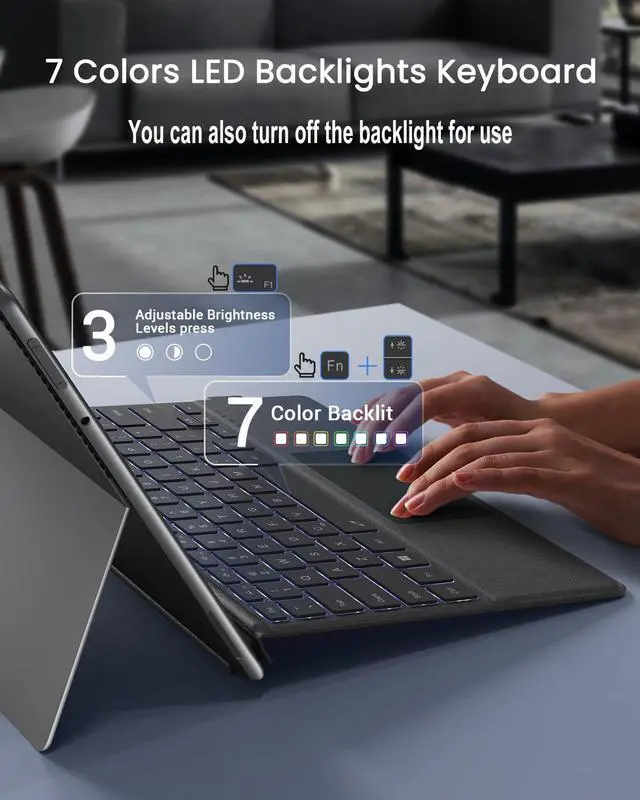 Alt view image 4 of 5 - Surface Pro Keyboard, Wireless Type Cover for Microsoft Surface Pro 11/10/9/8/X, Ultra-Slim Bluetooth Portable Magnetic Keyboard with 7 Color Backlit, Pen Holder, Rechargeable Battery, Trackpad