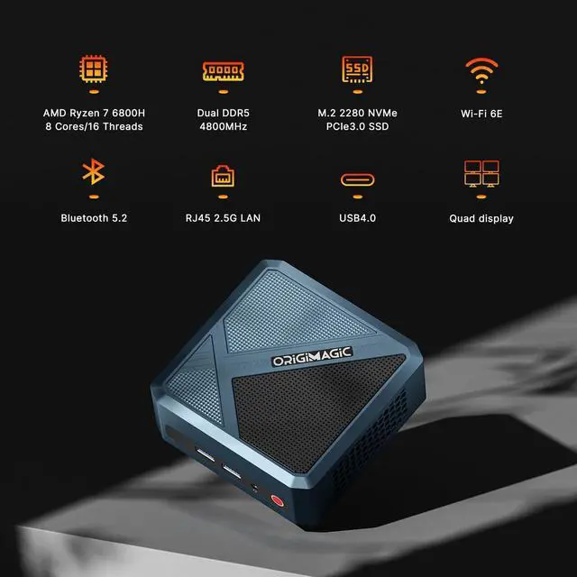 Alt view image 2 of 5 - origimagic N2 Pro Ryzen 7 6800H Mini PC 11 Pro Mini Computers, Dual Channel 32GB(16GBx2) DDR5 NVme PCIe 3.0x4 512GB SSD, Triple Displays HDMI+DP+USB4(Support Thunderbolt)