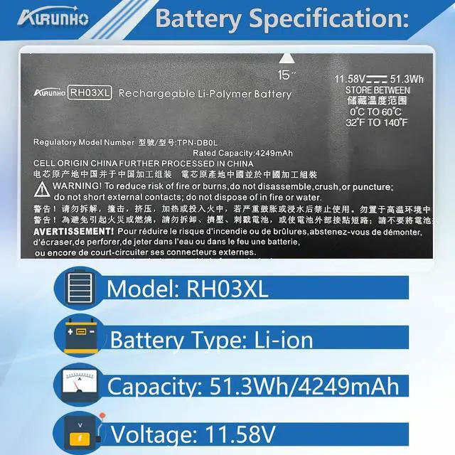 Alt view image 2 of 5 - AURUNHO RH03XL 51.3Wh Laptop Battery Replacement for HP Probook 440 G10/445 G10 G10/450 G9 G10/455 G10/460 EliteBook 640 G9 G10/650 G10/655 G10 Series 11.58V