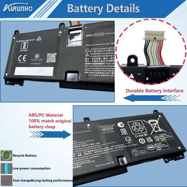 Alt view image 3 of 5 - AURUNHO RH03XL 51.3Wh Laptop Battery Replacement for HP Probook 440 G10/445 G10 G10/450 G9 G10/455 G10/460 EliteBook 640 G9 G10/650 G10/655 G10 Series 11.58V