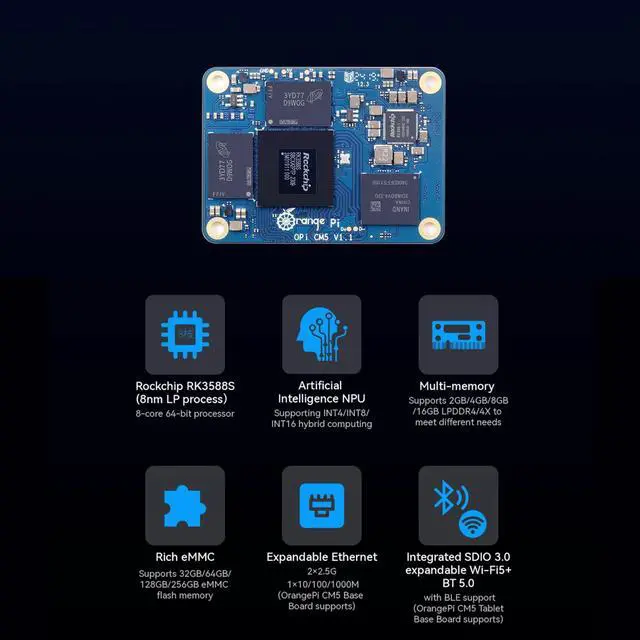 Alt view image 3 of 3 - Orange Pi CM5 4GB RAM with 32GB EMMC LPDDR4 Rockchip RK3588S AI Accelerator 6TOPS, Compute Module 5 WiFi Bluetooth BLE(CM5 Tablet Floor Support) Single Board Computer (CM5 4G32G)