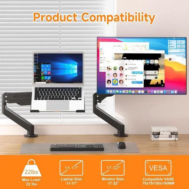 Alt view image 2 of 5 - suptek Laptop Desk Mount,Fully Adjustable Monitor and Laptop Mount Stand for 11-17 Inch Notebook and 17-32 inch Monitor Screen,Holds 22lbs with Vented Tray