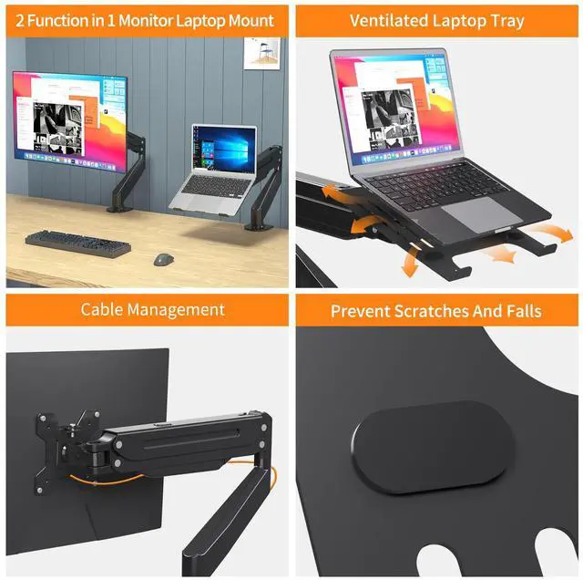 Alt view image 3 of 5 - suptek Laptop Desk Mount,Fully Adjustable Monitor and Laptop Mount Stand for 11-17 Inch Notebook and 17-32 inch Monitor Screen,Holds 22lbs with Vented Tray