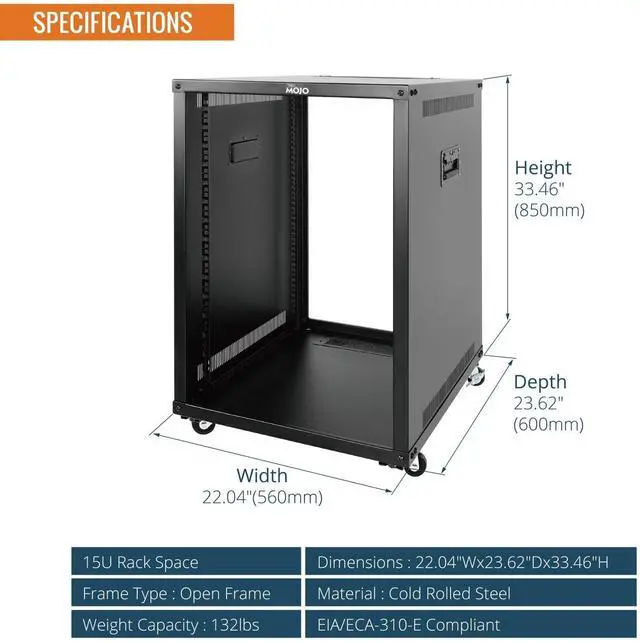Alt view image 2 of 5 - Tecmojo 15U Portable Rolling Network Rack, 4-Post Mobile Open Frame Server Rack with Wheels, Free Standing Server Cabinet for Computer/Data/AV/IT Equipment/Network Equipment