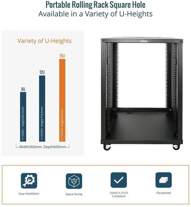 Alt view image 5 of 5 - Tecmojo 15U Portable Rolling Network Rack, 4-Post Mobile Open Frame Server Rack with Wheels, Free Standing Server Cabinet for Computer/Data/AV/IT Equipment/Network Equipment