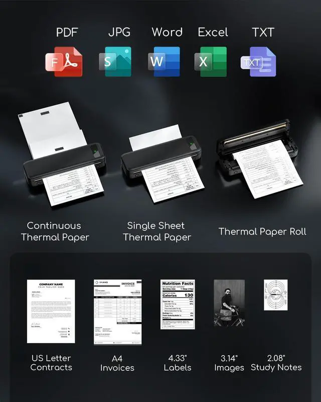 Alt view image 3 of 5 - Portable Printers Wireless for Travel, Inkless Thermal Printer, Bluetooth Mobile Compact Printer Support 8.5" X 11" US Letter & A4 Size, Compatible with iPhone Android Laptop for Home Car Office