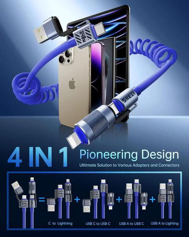 Alt view image 4 of 5 - Vexipia 3 Pack 4-in-1 Coiled 5FT 240W USB C Cable (Yellow & Blue & Pink)