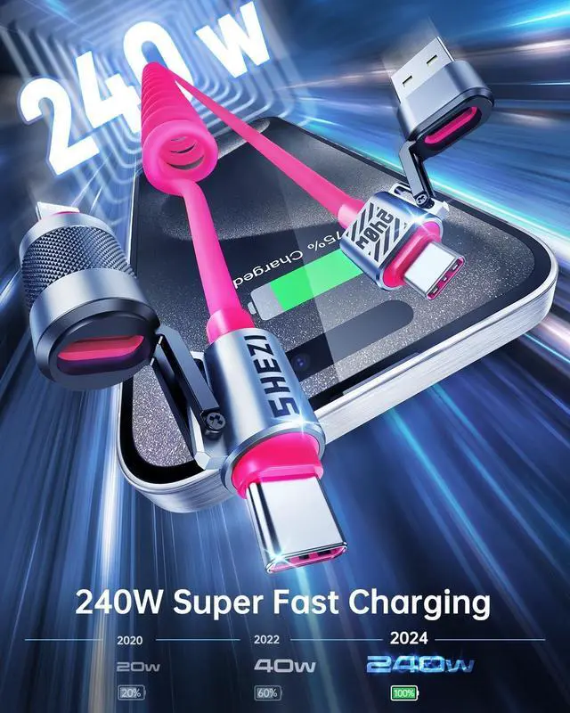 Alt view image 3 of 5 - Vexipia 3 Pack 4-in-1 Coiled 5FT 240W USB C Cable (Yellow & Blue & Pink)