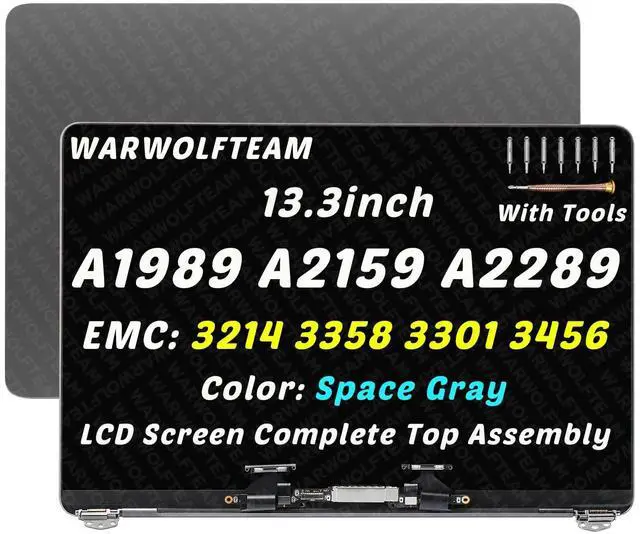 Main image of WARWOLFTEAM 13.3in Screen Replacement for MacBook Pro A2159 A2289 A1989 EMC 3214 EMC 3358 EMC 3456 EMC 3301 True Tone 2018 2019 2020 Retina LCD Display Assembly Kit 661-10037 (Gray)