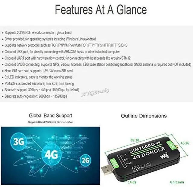 Alt view image 3 of 5 - SIM7600G-H 4G DONGLE for GNSS Positioning Global Band Support with Antenna Industrial Grade 4G Communication Network 150Mbps Supports Windows/Linux/Android Raspberry Pi PC Laptop IoT etc @XYGStudy