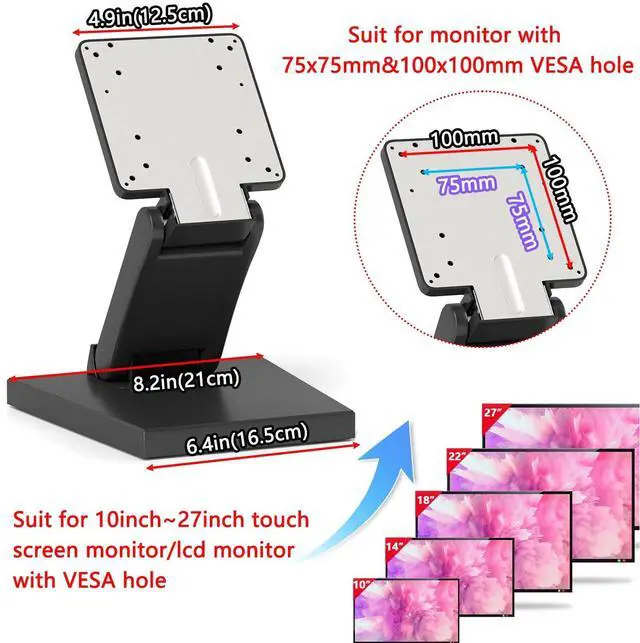Alt view image 2 of 5 - Adjustable Metal Folding Monitor Bracket for Touch Screen Desk Mount with VESA Hole 75x75mm&100x100mm All in One PC Stand (Black)