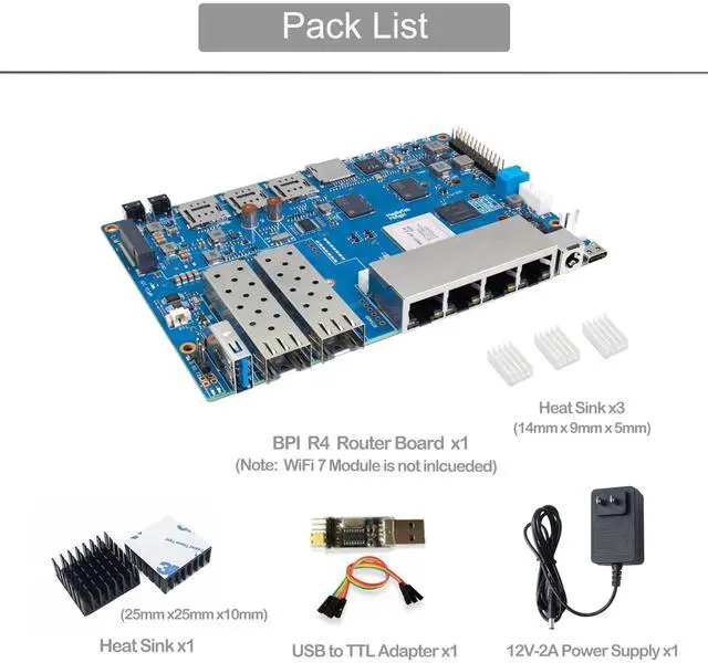 Alt view image 2 of 5 - Banana Pi BPI-R4 Wi-Fi 7 Wireless Dual-Band WiFi OpenWRT Router Board, with MediaTek MT7988A (Filogic 880) SoC, Support 2X 10GbE SFP and 4X GbE Gigabit Ethernet for NAS Smart Home Gateway