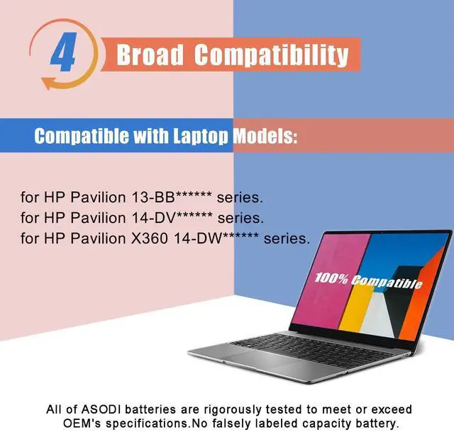 Alt view image 5 of 5 - ASODI PV03XL L83393-005 43.3Wh Laptop Battery Compatible with HP Pavilion 13-BB,14-DV, Pavilion X360 14-DW Series PP03XL HSTNN-DB9X M01118-421 M01144-005 L83388-421 11.55V 3560mAh