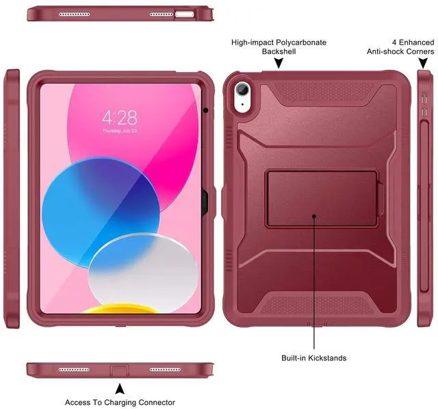 Alt view image 3 of 5 - Soke Case for iPad (A16) 11th Generation 11-inch 2025, iPad 10th Generation 10.9-inch 2022, with Built-in Screen Protector and Kickstand, Rugged Full Body Protective Cover - Dark Red