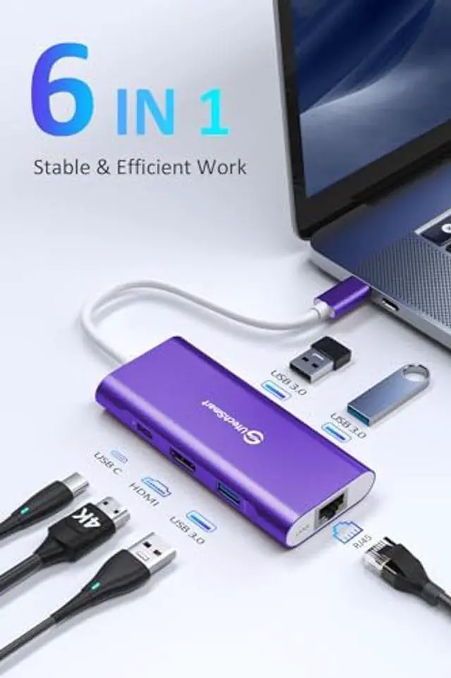 Alt view image 2 of 5 - UtechSmart USB C Hub, Ethernet Multiport Adapter 6 in 1 USB C to HDMI Dock Compatible for MacBook Pro/Air, Chromebook, Dell XPS, HP and Type C Devices Dark Purple